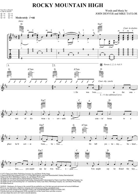 Rocky Mountain High" Sheet Music by John Denver for Guitar Tab/Vocal ...