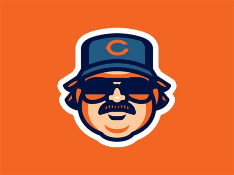 the chicago cubs logo with sunglasses and a baseball cap on it's head, against an orange background