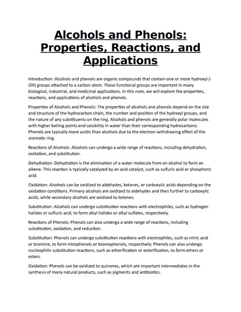 Alcohols and Phenols: Properties, Reactions, and Applications - Alcohols and Phenols: Properties ...