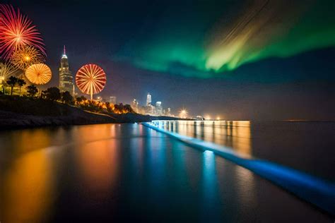 the aurora borealis lights up the sky over the chicago skyline. AI ...