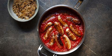 Lamb Sausages in Tomato Sauce with Bacon Sauerkraut Recipe - Great British Chefs