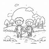 Two Children Walking In A Park Coloring Page Outline Sketch Drawing  sketch template