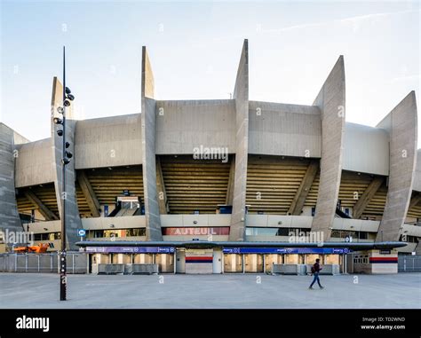 Exterior view of the Auteuil grandstand entrance of the Parc des Princes stadium in Paris ...