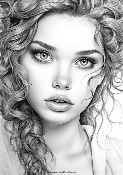 Realistic face of a girl coloring page from zup.kids