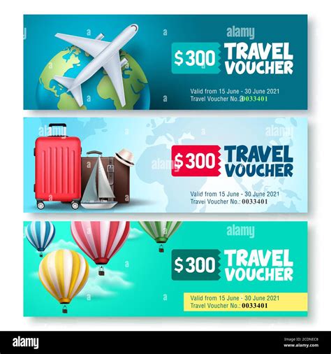 Travel voucher template vector set. Travel and tour gift voucher collection promo with travel ...