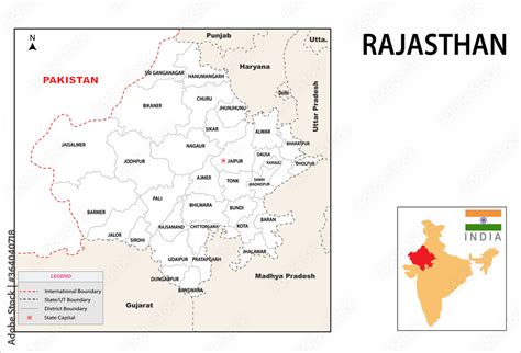 Rajasthan map. Political and administrative map of Rajasthan with districts name. Showing ...