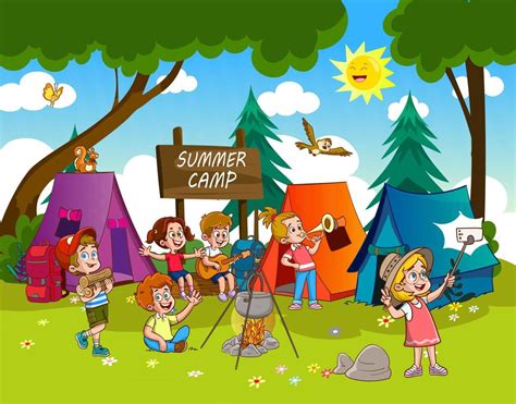 happy kids by bonfire in summer camp - kids taking camping selfie ...