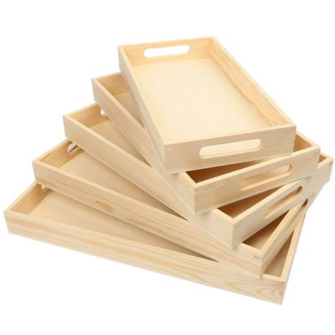 LotFancy 5Pcs Nesting Wood Trays, Natural Wooden Trays for Craft and Decor with Handles, 13-16 ...