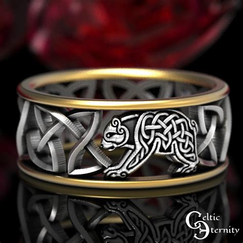 10K Sterling Silver 2Tone Mens Ring, Celtic Bear Wedding Ring, Mens ...