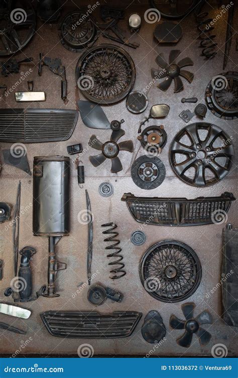 Old car parts on the wall stock photo. Image of parts - 113036372