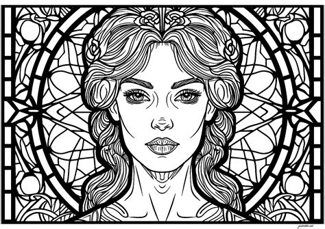 Woman's face in an Art Deco stained glass window - Art Deco Adult Coloring Pages - Page coloring ...