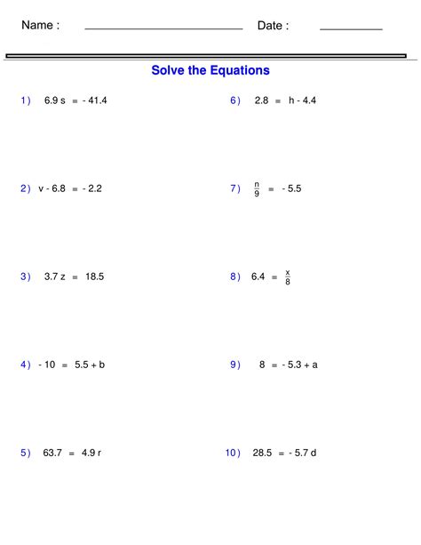 Pre-Algebra - Equations - One Step Equations Containing Decimals ...