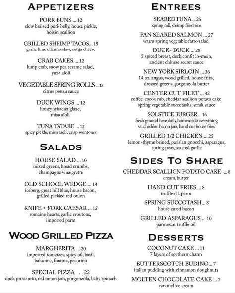 Menu at Solstice restaurant, Kingston