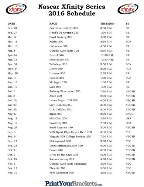 Printable Nascar Xfinity Series Schedule 2016 | Nascar, Xfinity, Schedule