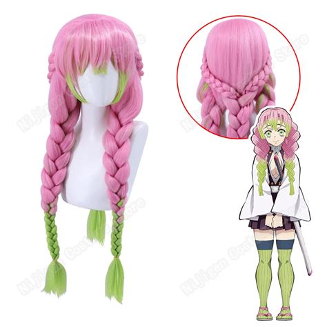 Women Anime Demon Slayer Kanroji Mitsuri Cosplay Wig High Temperature Wire Long Hair With Cap ...