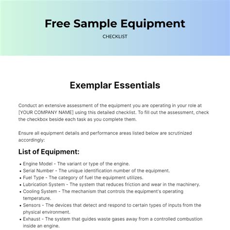 FREE Equipment Checklist Templates Equipment Checklist Form Excel ...