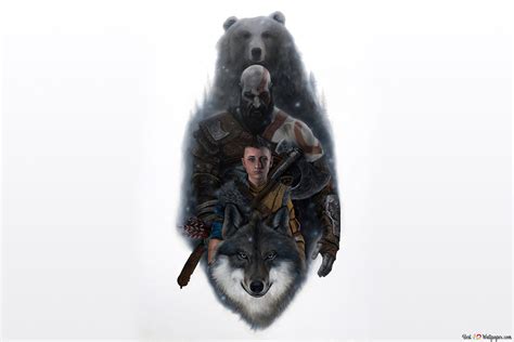 God of War Ragnarok - Atreus, Kratos and Bear 4K wallpaper download