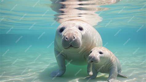 Premium AI Image | Mother Dugong Teaches Baby Dugong to Swim