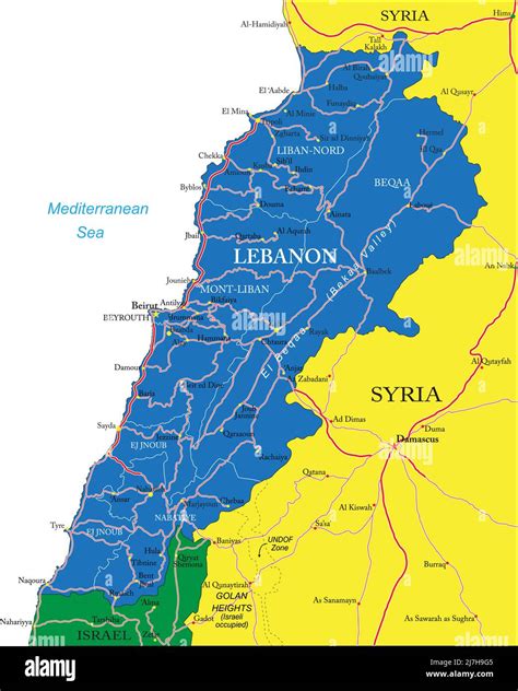 Highly detailed vector map of Lebanon with administrative regions, main ...