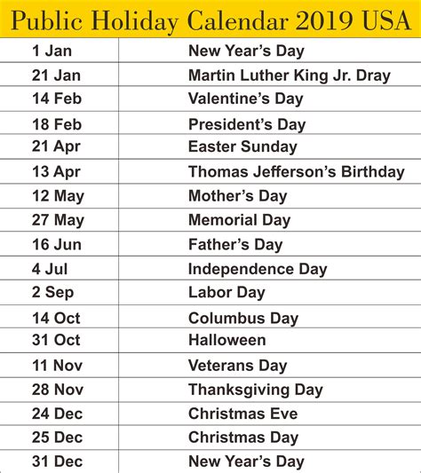 Public Holidays Calendar 2019 USA #2019Calendar #2019HolidaysCalendar #2019USAHolidaysCalendar ...