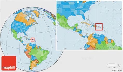 Political Location Map of Puerto Rico, within the entire continent