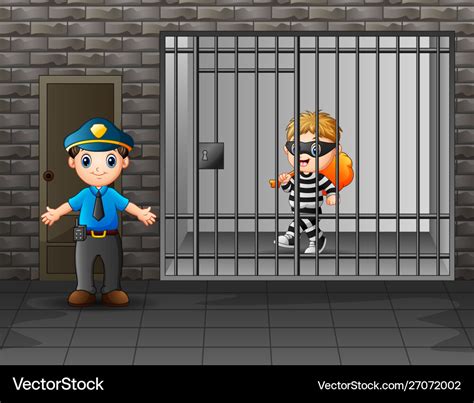 Prisoner in jail being guarded prison guard Vector Image