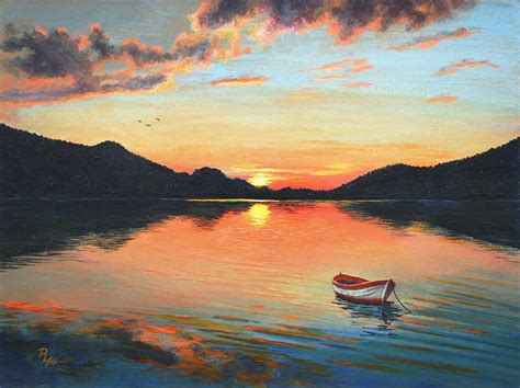 Sunset over a Mountain Lake – Acrylic Painting | Sunset landscape painting, Sunrise painting ...