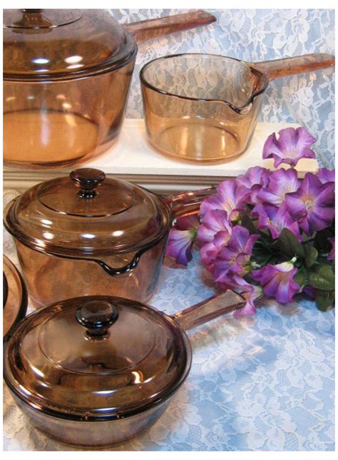 Vintage Corning Visions Visionware Glass Cookware, Saucepans, Skillet, Brown Amber 11 Piece ...