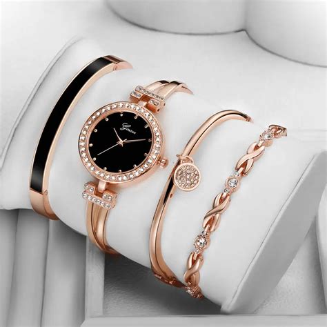 4 PCS Set Ginave Watch Women Rose Gold Diamond Bracelet Watch Luxury Jewelry Ladies Female Girl ...