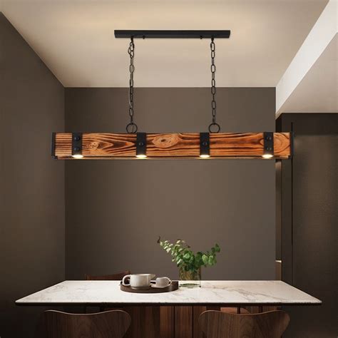 Rowen Rustic 4-Light LED Linear Rust Wood & Metal Island Pendant Light ...