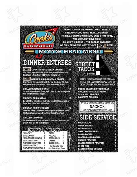 Menu at Cook's Garage pub & bar, Lubbock