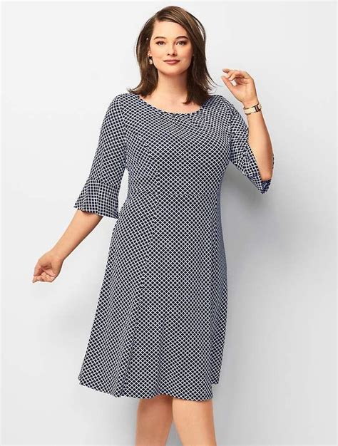 Talbots Plus Size Exclusive Knit Jersey Geo-Print Flounce-Sleeve Fit & Flare Dress | Fit flare ...