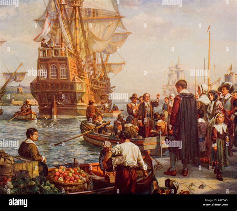 The departure of the Pilgrim Fathers from Plymouth in 1620 Stock Photo ...