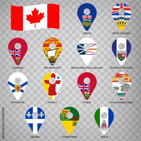 Thirteen flags the Provinces of Canada - alphabetical order with name. Set of 2d geolocation ...