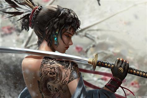 Samurai Girl Tattoo Katana 4K wallpaper download