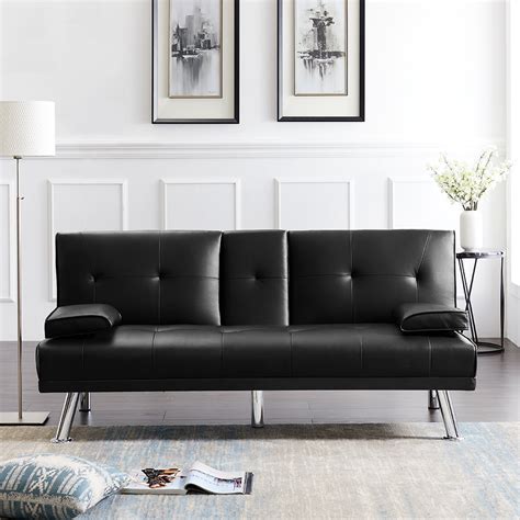 Veryke Modern PU Leather Convertible Futon Sofa Bed with Armres and 2 ...
