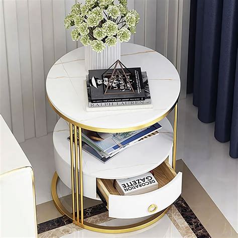 Modern White Round Nightstand with Marble-Top & Drawer & Shelf in Gold Base | Round nightstand ...