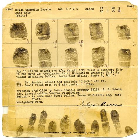 [Clyde Champion Barrow Fingerprint Chart, 01/22/1928- Fort Worth, Texas Police Department ...