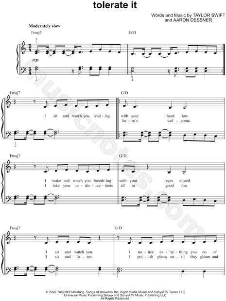 Taylor Swift "tolerate it" Sheet Music (Easy Piano) in C Major - Download & Print - SKU: MN0226841