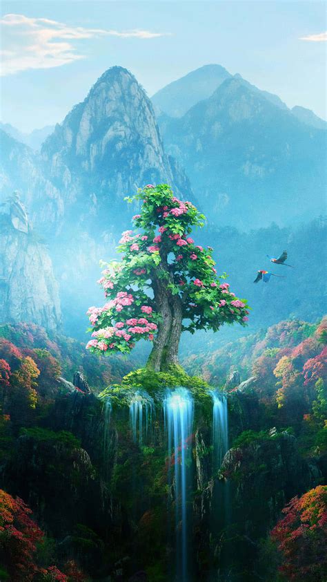 Download Majestic Tree On Waterfall Wallpaper | Wallpapers.com