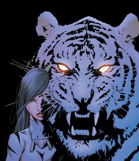 a woman standing next to a white tiger on top of a black background with red eyes