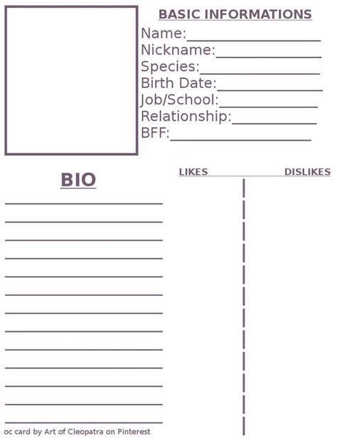 Free Bio Card Template | Character reference sheet, Character sheet ...