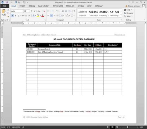 Document Control Database Log Template