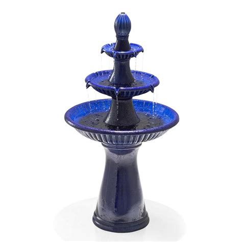 Glitzhome 45.25 in. H Oversized Cobalt Blue 3-Tier Ceramic Outdoor Fountain with Pump and LED ...