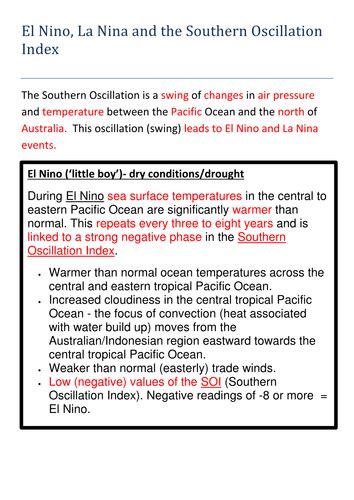 El Nino La Nina and the Southern Oscillation Index | Teaching Resources