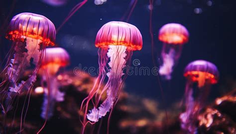 Glowing Purple Jellyfish Swim in Dark Underwater Beauty Generated by AI Stock Image - Image of ...