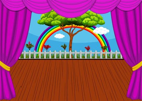 Premium Vector | The stage with rainbow and tree background