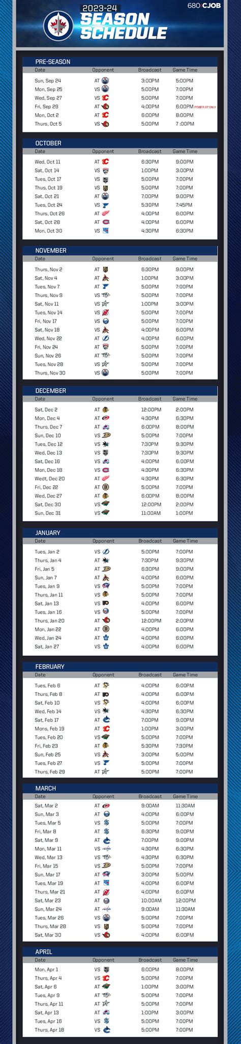 Winnipeg Jets 2023-24 Schedule