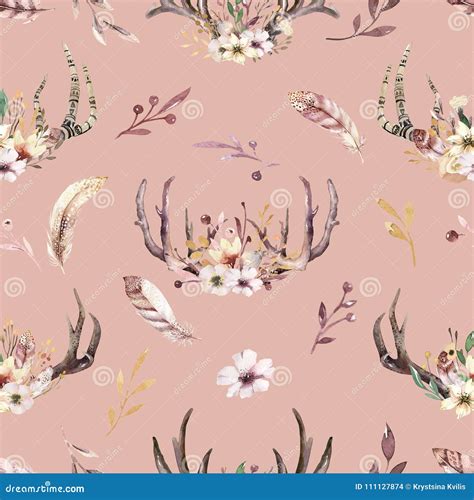 Tribal Seamless Pattern of Watercolor Floral Boho Antler Print. Western Boho Decoration. Hand ...