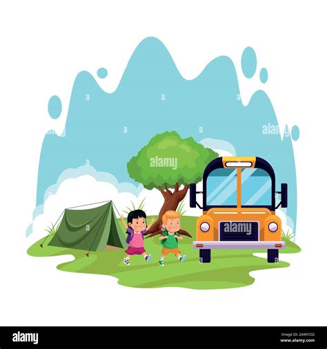 school camping design with cartoon kids and school bus Stock Vector Image & Art - Alamy